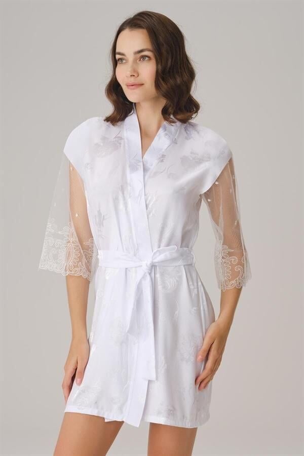 Çeyizlik Uzun Kol V Yaka Kadın Saten Düz Yazlık Mini Dantel Detaylı Sabahlık