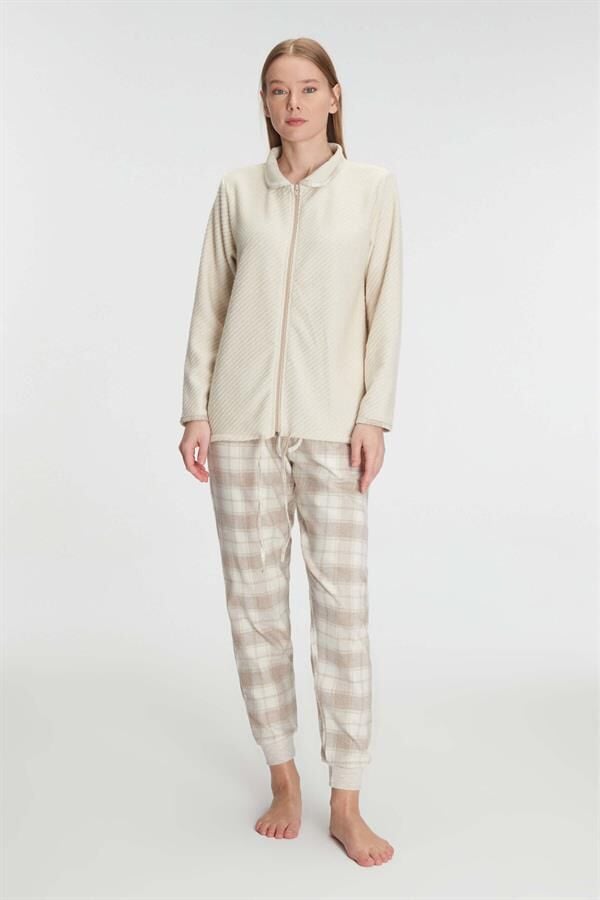 Scarlest Fermuarlı Uzun Kol Sweatshirt Pantolon Takım Viskon ve Pamuklu Pijama Takımı