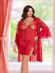 Scarlest Kırmızı Transparan Dantel İşlemeli Tül Yırtmaçlı 2'li Gecelik Takımı