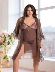 Scarlest Haki Transparan Dantel İşlemeli Tül Yırtmaçlı 2'li Gecelik Takımı