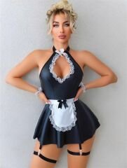 Scarlest Siyah Göğüs Dekolteli Boyundan Bağlamalı Mini Etekli Fantezi Deri Hizmetçi Kostümü