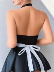 Scarlest Siyah Göğüs Dekolteli Boyundan Bağlamalı Mini Etekli Fantezi Deri Hizmetçi Kostümü