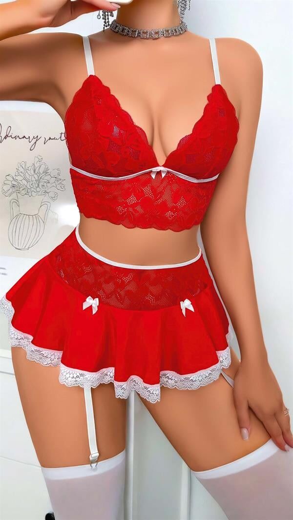 Scarlest Kırmızı Dantel İşlemeli Büstiyerli Etekli Fantezi Kostüm