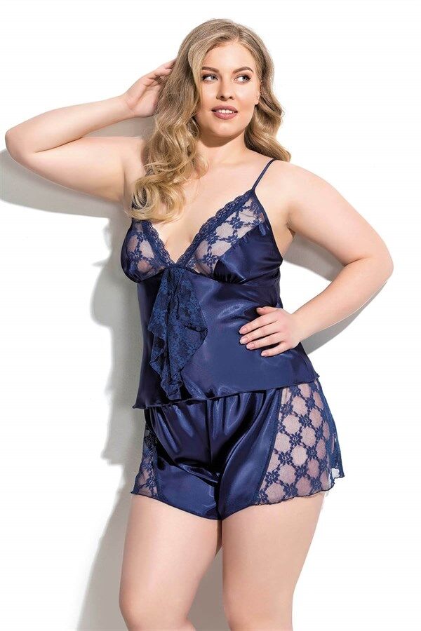 Scarlest Büyük Beden Lacivert Saten Babydoll Şort Takımı