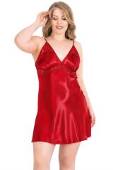 Scarlest Büyük Beden Kırmızı Kısa İkili Saten Sabahlık Gecelik Takımı