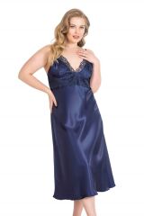 Scarlest Büyük Beden Lacivert Uzun İkili Saten Sabahlık Gecelik Takımı