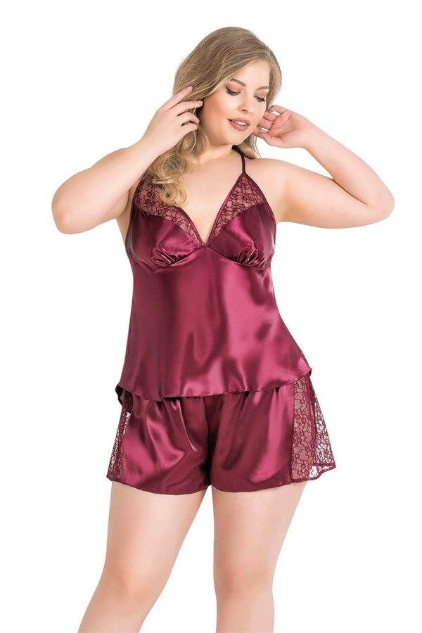 Scarlest Büyük Beden Bordo Saten Babydoll Şort TakımI