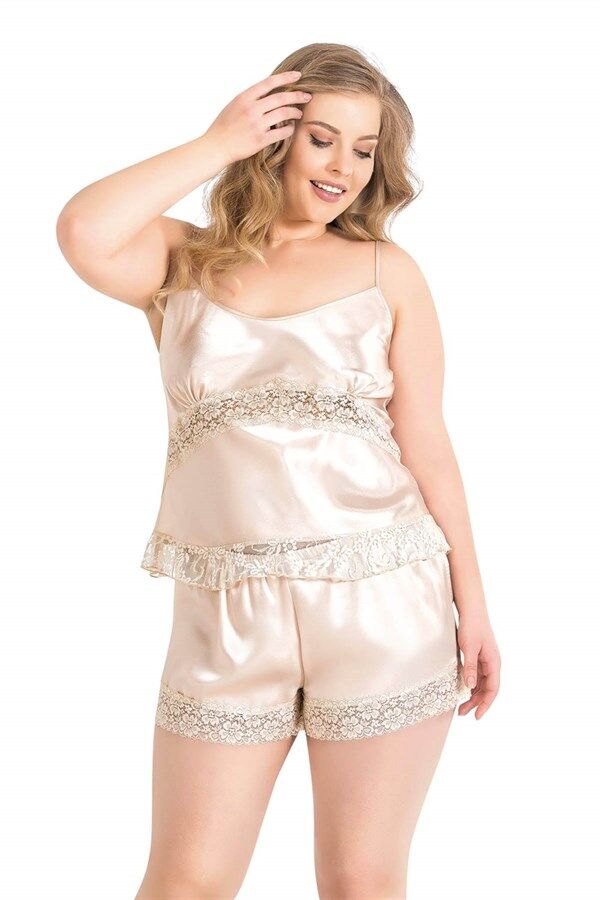 Scarlest Büyük Beden Fildişi Saten Babydoll Şort Takımı