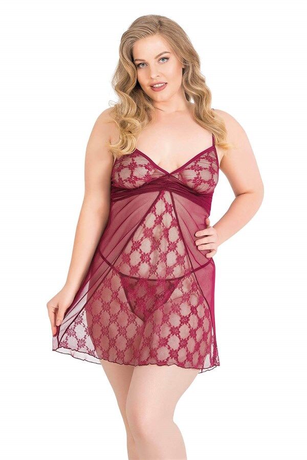 Scarlest Büyük Beden Bordo Kısa Tül Gecelik