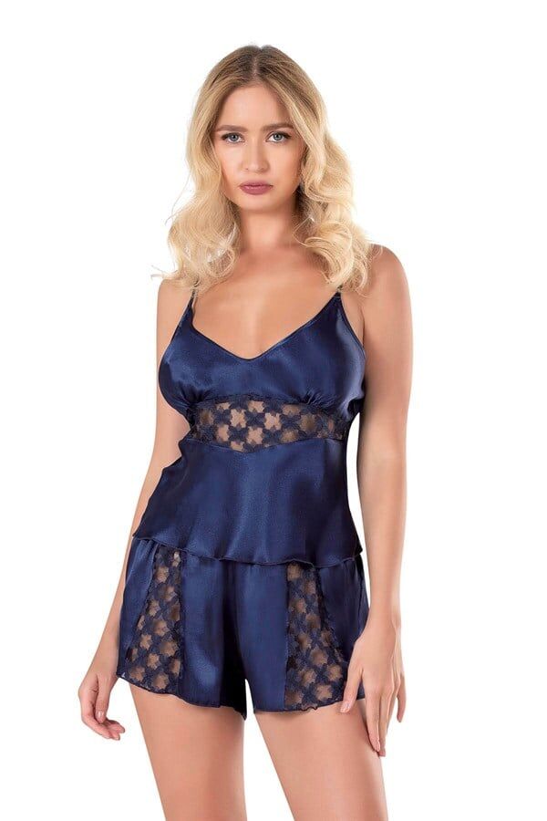 Scarlest Lacivert Saten Babydoll Şort Takımı
