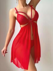 Scarlest Kırmızı Göğüs İp Detaylı Dantel İşlemeli Tül Gecelik