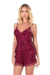 Scarlest Bordo Saten Babydoll Şort Takımı