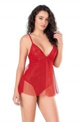 Scarlest Kırmızı Jakarlı Bodysuit Gecelik