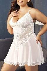 Scarlest Büyük Beden Beyaz Dantel İşlemeli İnce Askılı Gecelik