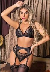 Scarlest Siyah Dantel İşlemeli Fileli Fantezi Jartiyer Takımı