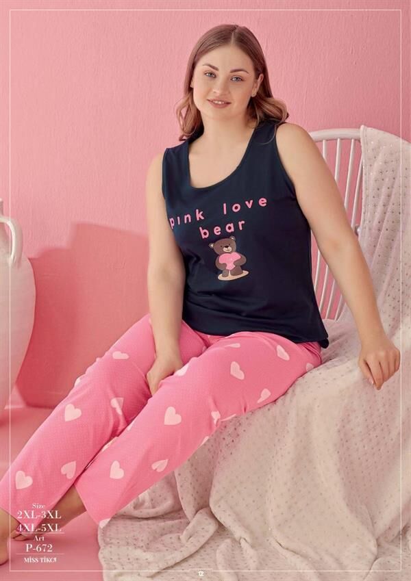 Scarlest Büyük Beden Pink Love Bear Kalp ve Ayıcık Desenli Pembe Kısa Kol Pijama Takımı