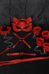 Scarlest Kırmızı İçi Tüylü Maske,Kol,Bacak,Ağız Topu,Kırbaç,Tasma Harness Set