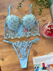 Scarlest Özel Tasarım Mavi Dantel İşlemeli Çiçek Desenli Destekli Bralet Takımı