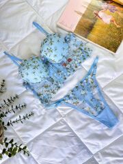 Scarlest Özel Tasarım Mavi Dantel İşlemeli Çiçek Desenli Destekli Bralet Takımı