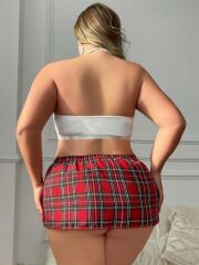 Scarlest Özel Tasarım Büyük Beden Ekoseli Kravatlı Fantezi Liseli Kostümü