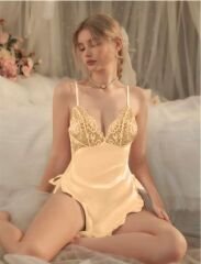 Scarlest Sarı Dantel Detaylı İnce Askılı Saten Kısa Fantezi Gecelik