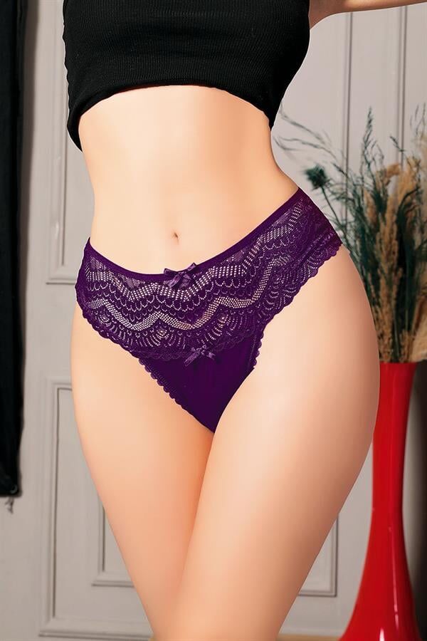 Scarlest Büyük Beden Bel Kısmı Dantelli Fantezi Mor Tanga String