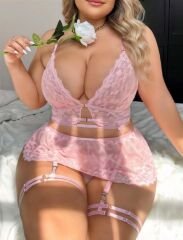 Scarlest Büyük Beden Pembe Dantel İşlemeli Jartiyer Takımı