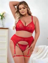 Scarlest Büyük Beden Kırmızı Dantel İşlemeli Fantezi Jartiyer Takımı