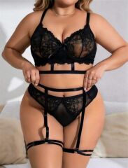 Scarlest Büyük Beden Siyah Dantel İşlemeli İpli Fantezi Jartiyer Takımı