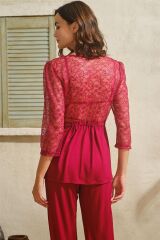 Scarlest Viskon Dantelli Sabahlık Yaka Detaylı Sırt Dekolteli Bustiyer Sütyen ve Pantolon Pijama 3'lü Takım