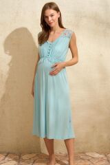 Scarlest Sıfır Kol V Yaka Viskon Çiçek Desenli Yazlık Uzun Dantel Detaylı Hamile Gecelik Sabahlık