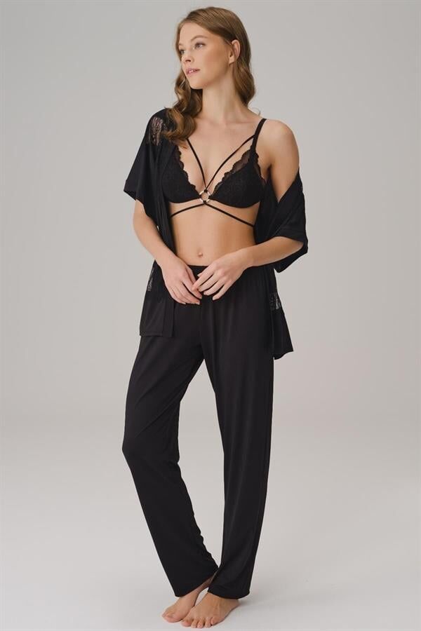 Scarlest İp Askılı V Yaka Düz Yazlık Uzun Dantel Detaylı Pijama Takımı Sabahlık