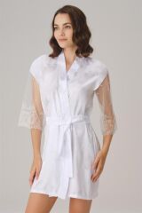 Çeyizlik Uzun Kol V Yaka Kadın Saten Düz Yazlık Mini Dantel Detaylı Sabahlık