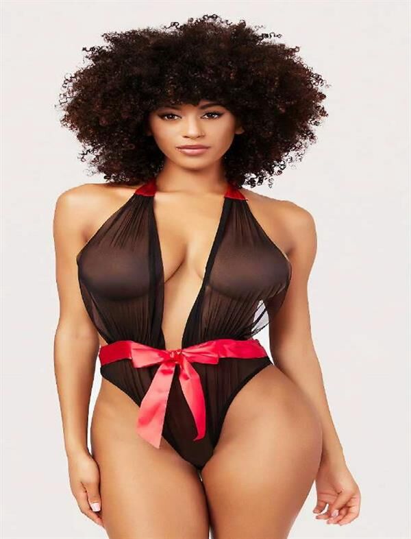 Scarlest Siyah Transparan Tül Kırmızı Kurdelalı Fantezi Babydoll