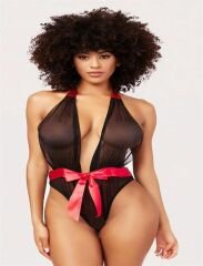 Scarlest Siyah Transparan Tül Kırmızı Kurdelalı Fantezi Babydoll