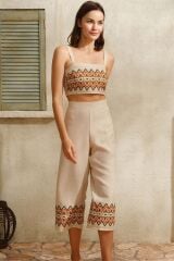 Kalın Askılı Oyuk U Yaka Geometrik Yazlık Uzun Nakış Detaylı Pijama Takımı