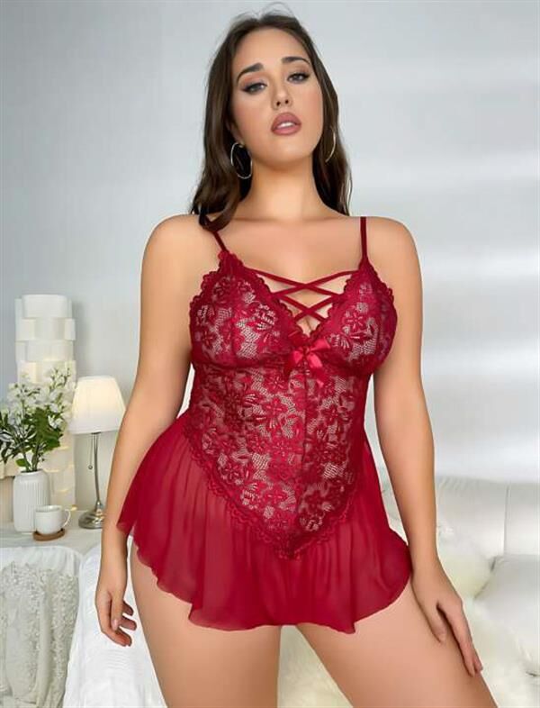 Scarlest Büyük Beden Bordo Dantel İşlemeli Fırfırlı Fantezi Babydoll