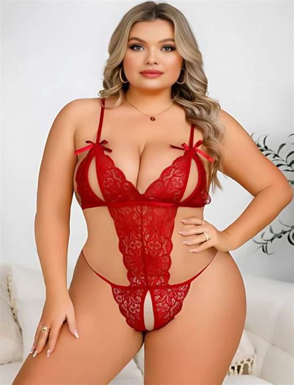 Scarlest Büyük Beden Kırmızı Dantel İşlemeli Dekolteli Fantezi Babydoll