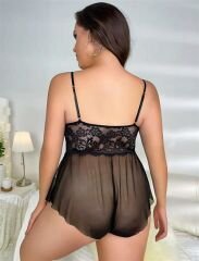 Scarlest Büyük Beden Siyah Dantel İşlemeli Fırfırlı Fantezi Babydoll
