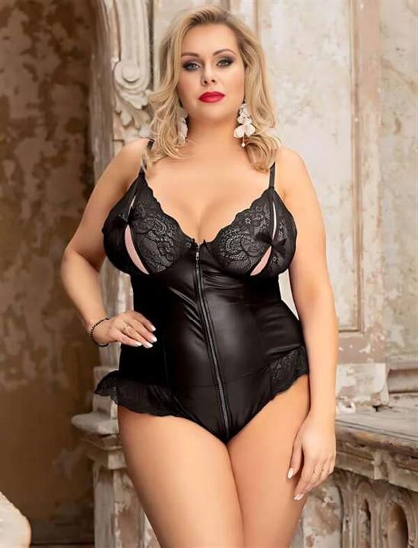 Scarlest Büyük Beden Siyah Parlak Dantel İşlemeli Fermuarlı Fantezi Babydoll