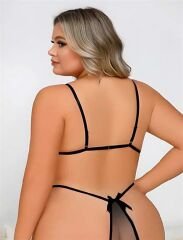 Scarlest Büyük Beden Siyah Dantel İşlemeli Dekolteli Fantezi Babydoll