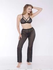 Scarlest Siyah Transparan Göğüs İp Detaylı Fantezi Sütyen Pijama Takımı