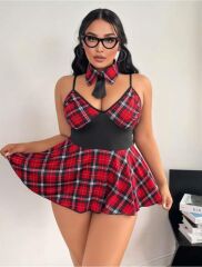 Scarlest Büyük Beden Ekoseli Kravatlı Liseli Fantezi Kostüm