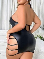 Scarlest Büyük Beden Siyah Deri İp Detaylı Fantezi Elbise