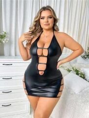 Scarlest Büyük Beden Siyah Deri İp Detaylı Fantezi Elbise