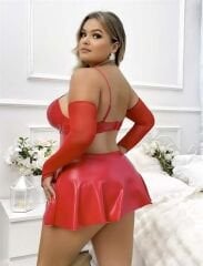 Scarlest Büyük Beden Kırmızı Parlak Deri Fantezi Elbise