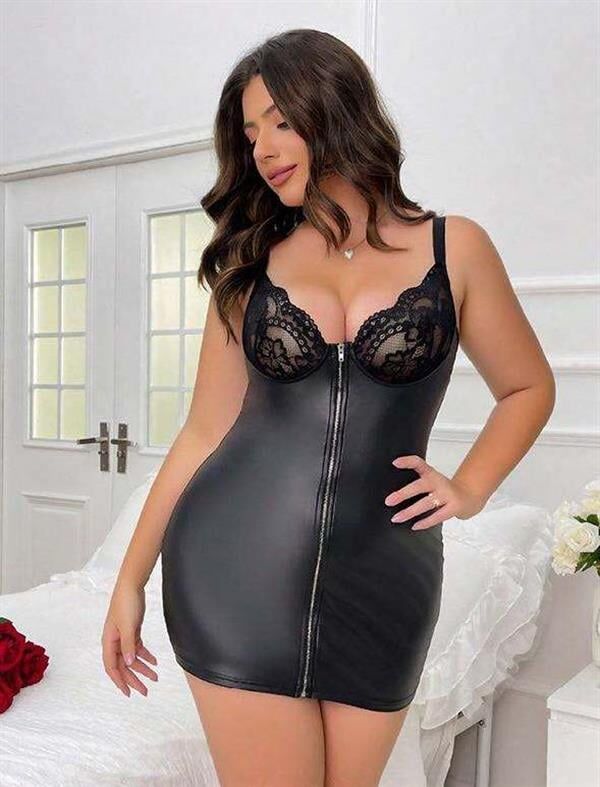 Scarlest Büyük Beden Siyah Deri Dantelli Fermuarlı Fantezi Elbise