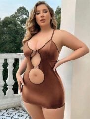 Scarlest Büyük Beden Kahverengi Deri Metal Aksesuarlı Fantezi Elbise