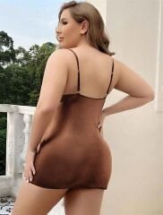 Scarlest Büyük Beden Kahverengi Deri Metal Aksesuarlı Fantezi Elbise