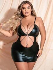 Scarlest Büyük Beden Siyah Deri Zincir Aksesuarlı Fantezi Elbise